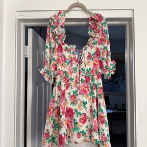 For Love And Lemons Cream Mini Dress with Pink Floral Print